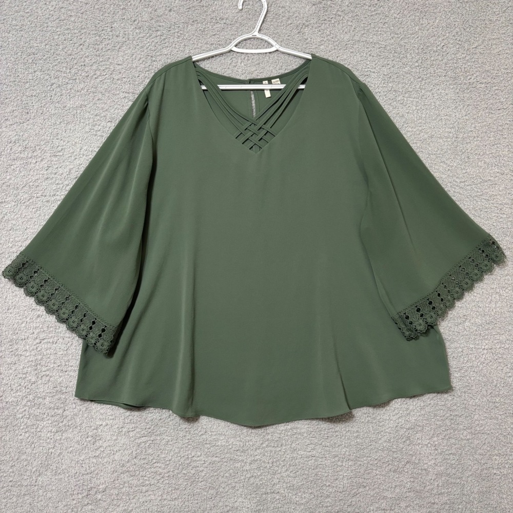 Casual Olive Green Blouse Relaxed Everyday Lace Trim Sleeve 26/28W Lightweight
